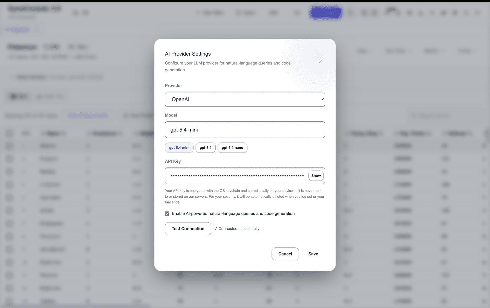 AI provider settings with a bring-your-own-key configuration encrypted locally