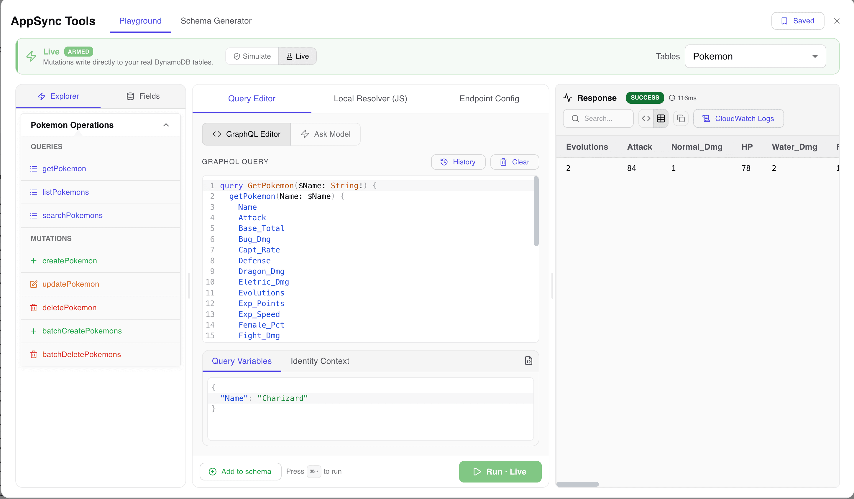 DynoConsole AppSync GraphQL Studio — generate a schema from a DynamoDB table and run live GraphQL operations