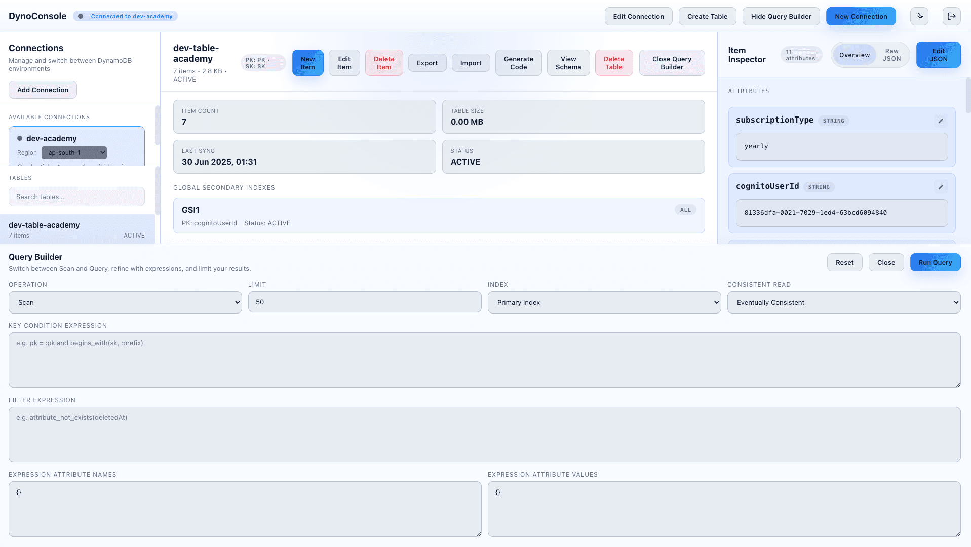 DynoConsole query builder workflow