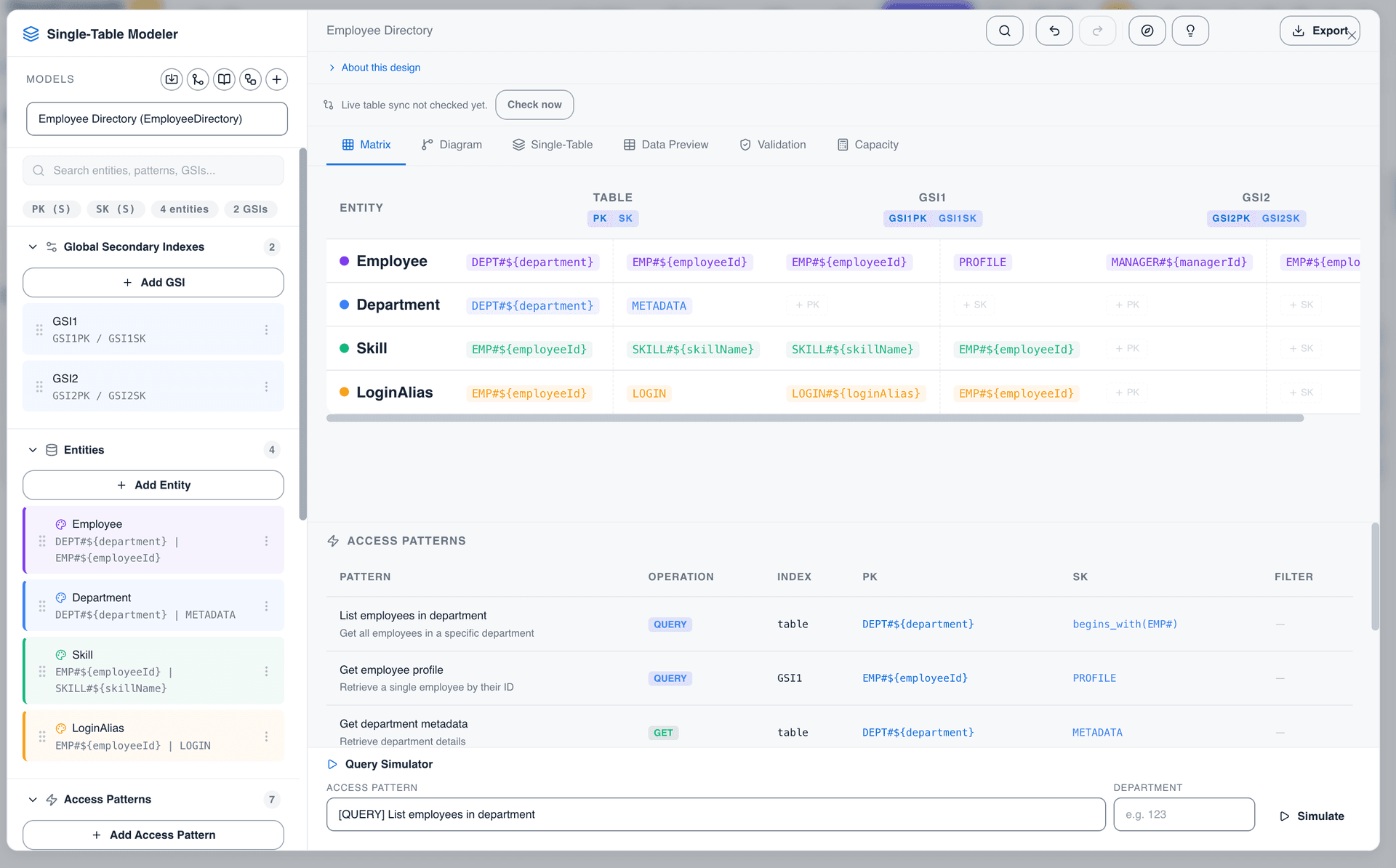 Single-table design modeler showing entities, GSIs, and access patterns with a query simulator