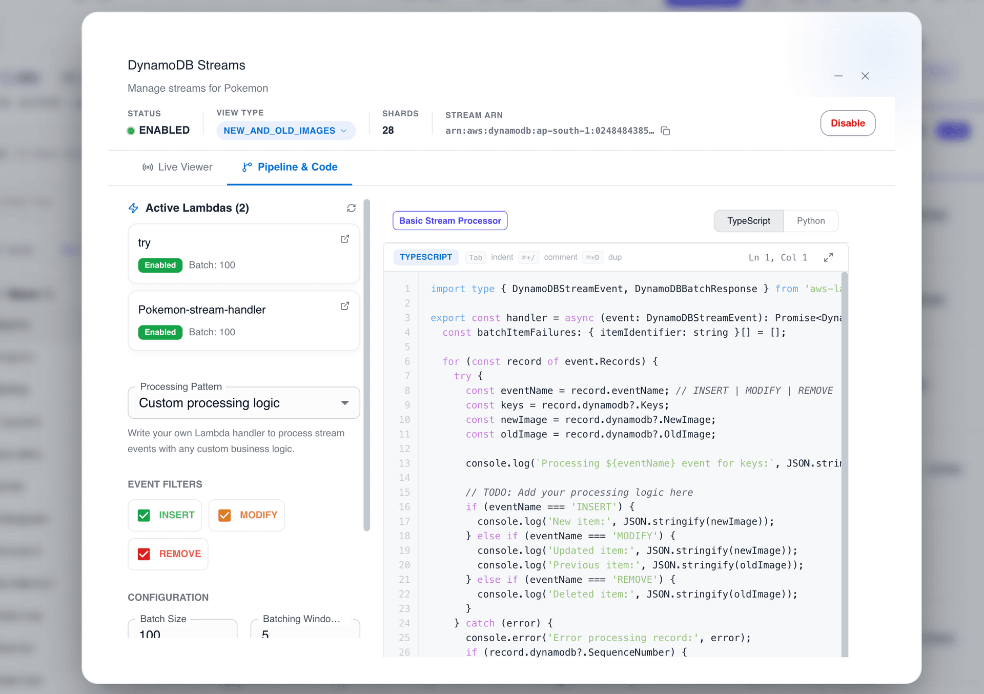 DynamoDB Streams pipeline view with active Lambdas and generated stream-processor code
