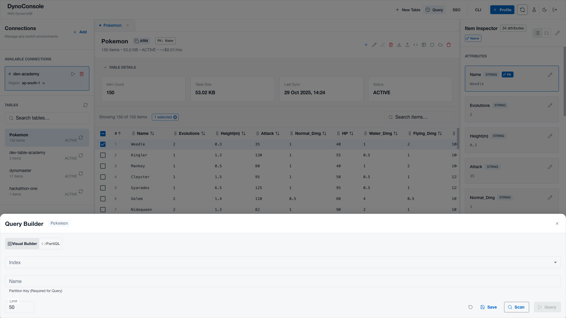 DynoConsole guided query builder with PartiQL autocomplete